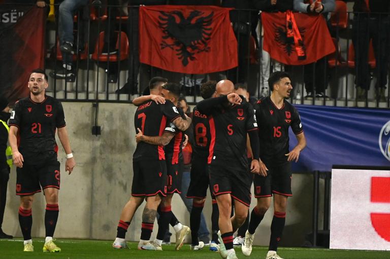 Albania's players celebrates scoring team's first goal during the 2026 World Cup qualifiers Europe zone group K football match between Andorra and Albania at the New FAF Stadium in Encamp, on November 13, 2025. (Photo by Matthieu RONDEL / AFP) (Photo by MATTHIEU RONDEL/AFP via Getty Images)          
