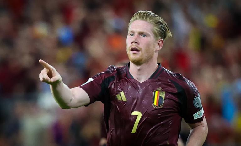 Belgium's Kevin De Bruyne celebrates after scoring during a soccer game between Belgian national soccer team Red Devils and Kazakhstan, in Brussels, on Sunday 07 September 2025, the fourth (out of 8) qualification games for the World Cup 2026. BELGA PHOTO VIRGINIE LEFOUR (Photo by VIRGINIE LEFOUR / BELGA MAG / Belga via AFP) (Photo by VIRGINIE LEFOUR/BELGA MAG/AFP via Getty Images)          