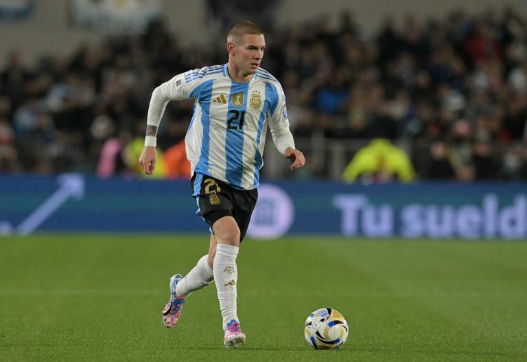 Argentina's forward #20 Franco Mastantuono controls the ball during the 2026 FIFA World Cup South American qualifiers football match between Argentina and Venezuela at the Mas Monumental stadium in Buenos Aires on September 4, 2025. (Photo by JUAN MABROMATA / AFP) (Photo by JUAN MABROMATA/AFP via Getty Images)          
